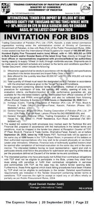 Newspaper clipping: Tender: Import of 185,000 MT Wheat (CFR Karachi/Gwadar) — Trading Corporation of Pakistan, The Express Tribune, 20 Sep 2026