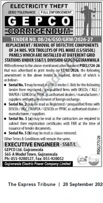 Newspaper clipping: GEPCO Corrigendum: Tender 08/26/GS0/GRW/2026-27 for Replacement/Removal of 24 VCB Trolleys (PEL), The Express Tribune, 20 Sep 2026