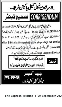 Newspaper clipping: Corrigendum: E‑Bids for IPL No. 9305 / IPL‑9940 — Single‑Stage Envelope Procedure, The Express Tribune, 20 Sep 2026