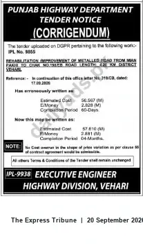 Newspaper clipping: Punjab Highway Department Tender Corrigendum — IPL No. 9865 (Vehari), The Express Tribune, 20 Sep 2026