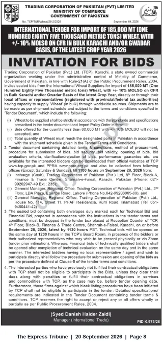 Newspaper clipping: TCP International Tender: Import of 185,000 MT Wheat (Crop Year 2026) – CFR Karachi/Gwadar, The Express Tribune, 20 Sep 2026