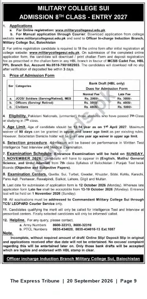 Newspaper clipping: Military College Sui – Admission to 8th Class (Entry 2027), The Express Tribune, 20 Sep 2026