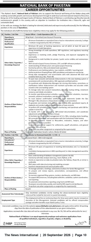 Newspaper clipping: National Bank of Pakistan Careers – Senior Officer Credit Operations & Coordinator to Divisional Head, The News International, 20 Sep 2026