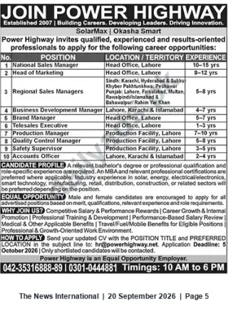 Newspaper clipping: Power Highway Hiring — Multiple Positions (National Sales Manager, Marketing Head, Regional Sales, More), The News International, 20 Sep 2026