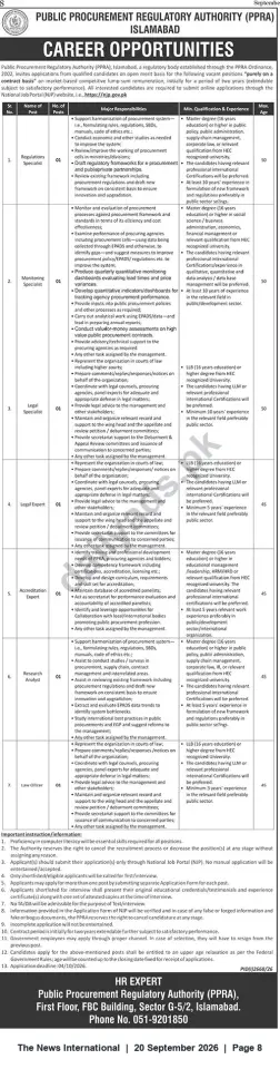 Newspaper clipping: PPRA Islamabad — Career Opportunities (Contract Positions), The News International, 20 Sep 2026