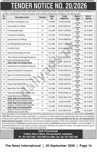 Newspaper clipping: Tender Notice No. 20/2026 – Supply of Various Industrial Items (Islamabad), The News International, 20 Sep 2026