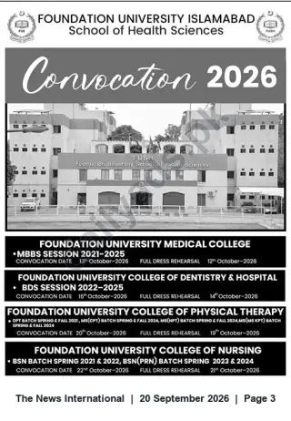 Newspaper clipping: Foundation University Islamabad (School of Health Sciences) — Convocation 2026 Schedule, The News International, 20 Sep 2026