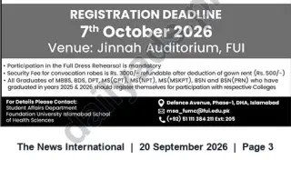 Newspaper clipping: Foundation University Islamabad Convocation Registration — Deadline 7 October 2026, The News International, 20 Sep 2026