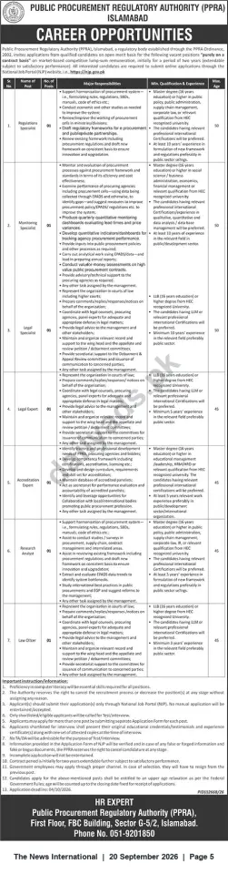 Newspaper clipping: PPRA Islamabad Career Opportunities – 7 Specialist & Legal Vacancies (Apply by 2026-10-04), The News International, 20 Sep 2026