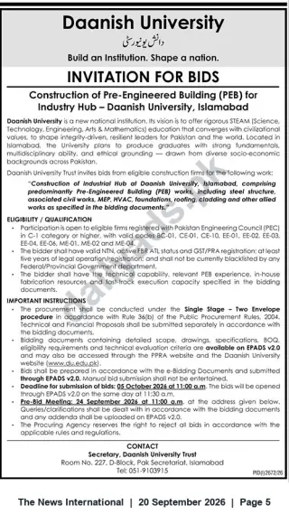Newspaper clipping: Daanish University Islamabad — Invitation for Bids: Pre‑Engineered Building (Industry Hub) Construction, The News International, 20 Sep 2026