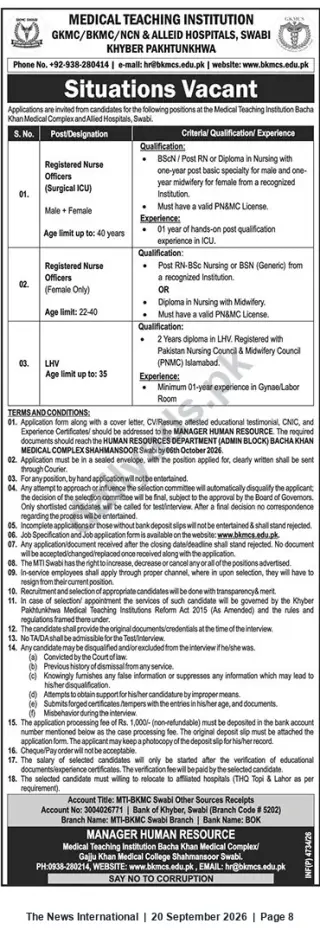 Newspaper clipping: Nursing Vacancies at Medical Teaching Institution Bacha Khan Medical Complex, Swabi, The News International, 20 Sep 2026