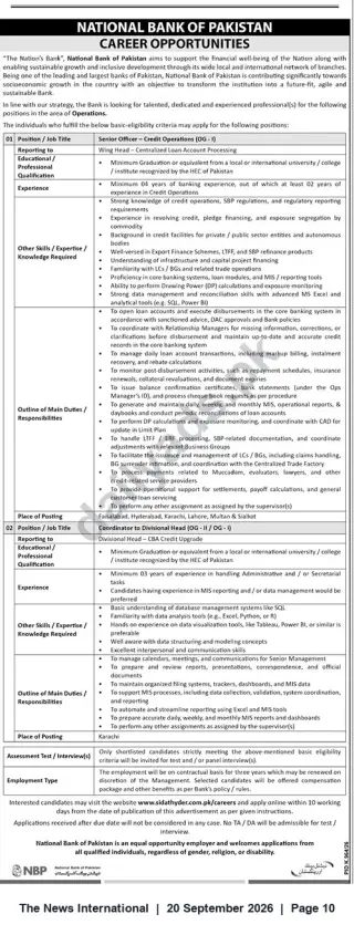 Newspaper clipping: National Bank of Pakistan Careers — Senior Officer (Credit Operations) & Coordinator to Divisional Head, The News International, 20 Sep 2026