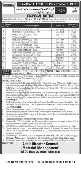 Newspaper clipping: IESCO Disposal Notice — E‑Bids for Vehicles (As‑Is Basis), The News International, 20 Sep 2026