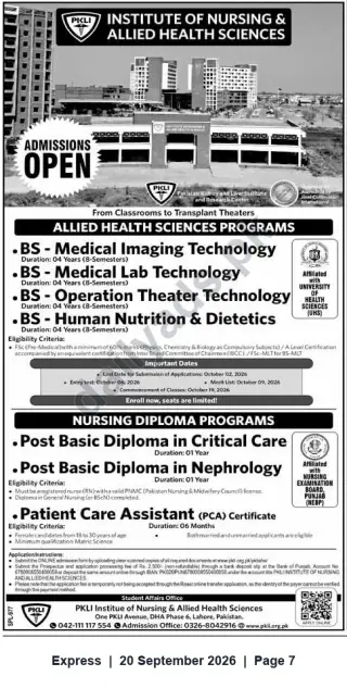 Newspaper clipping: Admissions Open — PKLI Institute of Nursing & Allied Health Sciences, Lahore (BS & Nursing Diploma Programs), Express, 20 Sep 2026
