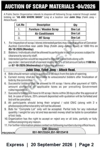 Newspaper clipping: Auction of Scrap Materials near Jabbi Stop (Fateh Jang - Attock Road) — October 2026, Express, 20 Sep 2026