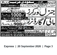 Newspaper clipping: Workers Advertisement — Contact Numbers Provided, Express, 20 Sep 2026