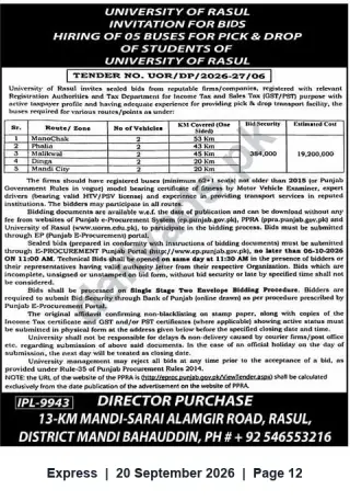 Newspaper clipping: University of Rasul Tender: Hiring of 5 Student Pick & Drop Buses (Tender No. UOR/DP/2026-27/06), Express, 20 Sep 2026