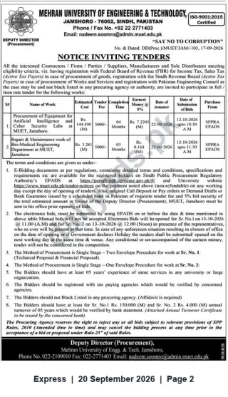 Newspaper clipping: MUET Jamshoro Tenders: AI & Cyber Security Lab Equipment and Bio‑Medical Dept. Repair (Closing 2026-10-12), Express, 20 Sep 2026