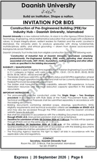 Newspaper clipping: Daanish University Trust Tender: Construction of Pre‑Engineered Building (PEB) for Industry Hub — Islamabad, Express, 20 Sep 2026