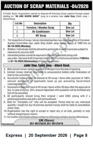 Newspaper clipping: Public Sector Auction: Scrap Materials at Jabbi Stop (Fateh Jang – Attock Road) — Bid by 2026-10-07, Express, 20 Sep 2026