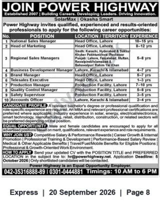 Newspaper clipping: Power Highway Careers — Multiple Positions (Sales, Marketing, Production) — Apply by 2026-10-05, Express, 20 Sep 2026