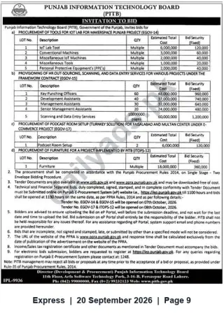 Newspaper clipping: PITB Invitation to Bid — IoT Lab Tools, HR Outsourcing, Podcast Room & Furniture (Tenders EGOV-14/15/17, ITOPS-12), Express, 20 Sep 2026