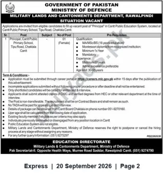 Newspaper clipping: Principal (Female) – Cantt Public Primary School, Tipu Road, Chaklala Cantt (Contract), Express, 20 Sep 2026