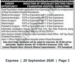 Newspaper clipping: Fauji Foundation Hospital Rawalpindi — Recruitment of Specialist Doctors (Medical Oncologist, Gastroenterologist, Neurosurgeon, Nephrologist, Paediatric Surgeon), Express, 20 Sep 2026
