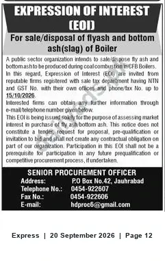 Newspaper clipping: Expression of Interest: Sale/Disposal of Fly Ash and Bottom Ash from CFB Boilers, Express, 20 Sep 2026
