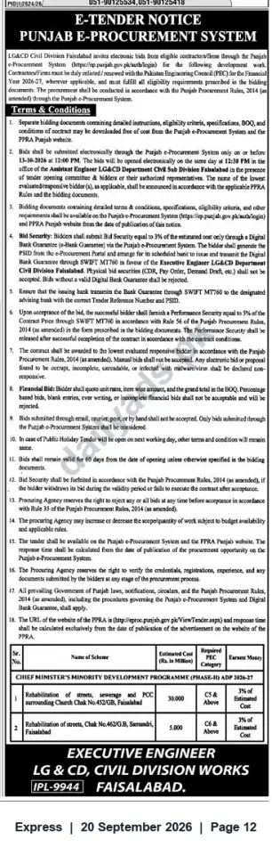 Newspaper clipping: E-Tender: Rehabilitation of Streets & Sewerage — LG&CD Civil Division, Faisalabad (CM Minority Development Programme), Express, 20 Sep 2026