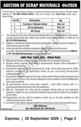 Newspaper clipping: Auction of Scrap Materials — Jabbi Stop (Fateh Jang–Attock Road) — Bids by 2026-10-07, Express, 20 Sep 2026