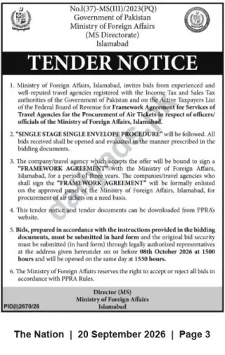 Newspaper clipping: Ministry of Foreign Affairs Islamabad Tender: Framework Agreement for Travel Agencies (Air Ticket Procurement), The Nation, 20 Sep 2026