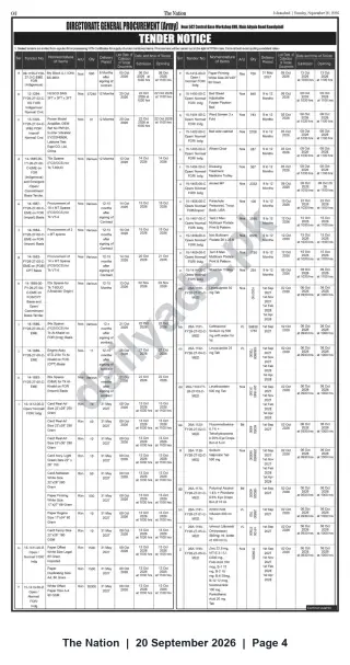 Newspaper clipping: Directorate General Procurement (Army) — Tender Notice (Multiple Supply Packages), The Nation, 20 Sep 2026