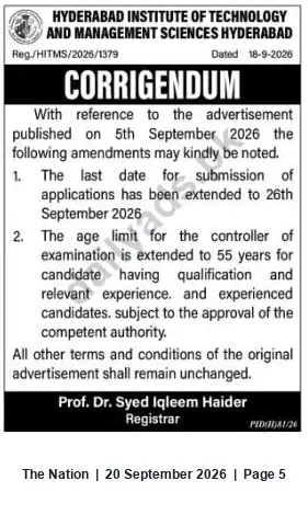 Newspaper clipping: HITMS Hyderabad Corrigendum — Application Deadline Extended to 26 Sep 2026; Controller of Examinations Age Limit Raised, The Nation, 20 Sep 2026