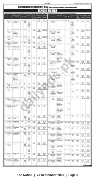 Newspaper clipping: Directorate General Procurement (Army) Tender Notice — Medical Supplies & Equipment (Rawalpindi), The Nation, 20 Sep 2026