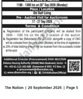 Newspaper clipping: DHA Multan Public Auction — 28 September 2026 (Registration Required), The Nation, 20 Sep 2026