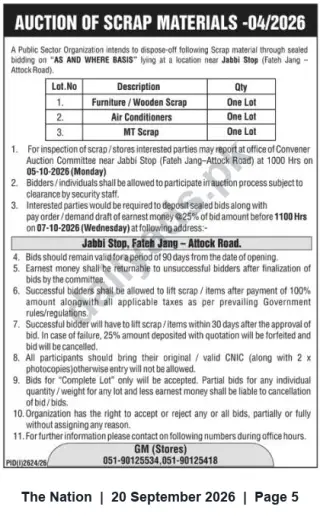 Newspaper clipping: Auction of Scrap Materials at Jabbi Stop (Fateh Jang – Attock Road) — Furniture, Air Conditioners & MT Scrap, The Nation, 20 Sep 2026