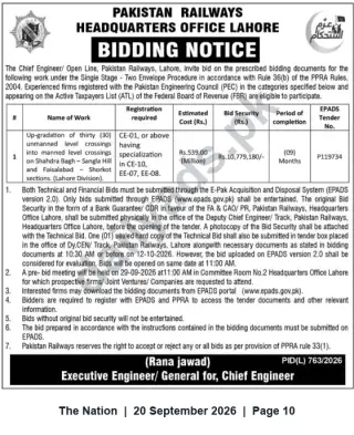 Newspaper clipping: Pakistan Railways Lahore Tender: Upgrade 30 Unmanned Level Crossings to Manned (Shahdara Bagh–Sangla Hill & Faisalabad–Shorkot), The Nation, 20 Sep 2026