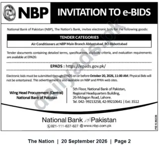 Newspaper clipping: NBP Invitation to e-Bids for Air Conditioners — NBP Main Branch Abbottabad (RO Abbottabad), The Nation, 20 Sep 2026
