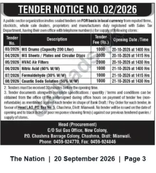 Newspaper clipping: Tender Notice No. 02/2026 — Supply of Drums, Sheets, HVAC Filters & Chemicals (Chashma, Mianwali), The Nation, 20 Sep 2026