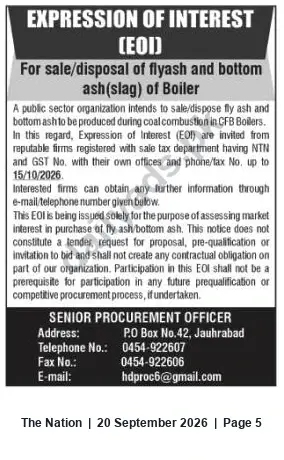 Newspaper clipping: Expression of Interest: Sale/Disposal of Fly Ash and Bottom Ash (CFB Boilers), The Nation, 20 Sep 2026