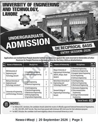 Newspaper clipping: UET Lahore Undergraduate Admission 2026 — Reciprocal‑Basis Seats at Other Provincial Engineering Universities, Nawa-i-Waqt, 20 Sep 2026