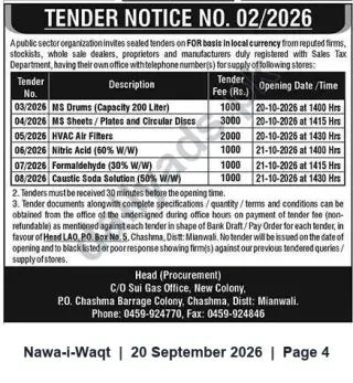 Newspaper clipping: Tender Notice No. 02/2026 — Supply of Drums, Sheets, Filters & Chemicals (Chashma, Mianwali), Nawa-i-Waqt, 20 Sep 2026