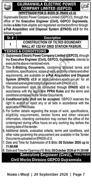 Newspaper clipping: GEPCO E-Bids: Construction of Tilted Boundary Wall at 132 kV Grid Station Pasrur, Nawa-i-Waqt, 20 Sep 2026