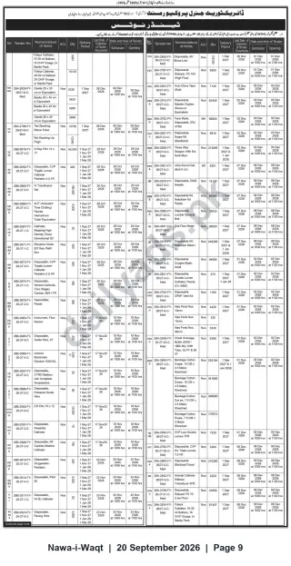 Newspaper clipping: Directorate General Procurement Tender Notice – Medical Consumables & Equipment (FY 26-27), Nawa-i-Waqt, 20 Sep 2026