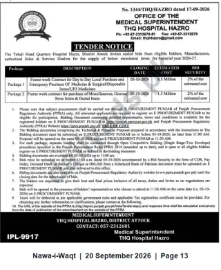 Newspaper clipping: Tender Notice — Supply of Medicines, Surgical & General Store Items | THQ Hospital Hazro, Nawa-i-Waqt, 20 Sep 2026