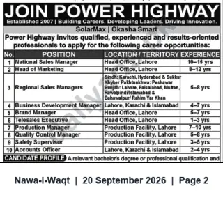 Newspaper clipping: Power Highway (SolarMax / Okasha Smart) Hiring — Sales, Marketing, Production & Accounts Roles in Lahore and Major Cities, Nawa-i-Waqt, 20 Sep 2026