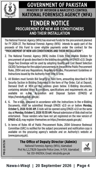 Newspaper clipping: NFA Islamabad Tender — Procurement and Installation of New Air Conditioners (Bid Deadline 2026-10-05), Nawa-i-Waqt, 20 Sep 2026