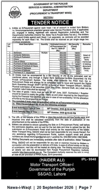 Newspaper clipping: Punjab S&GAD (Procurement & Transport Wing) Tender Notice for Supplies & Purchases (FY 2026-27), Nawa-i-Waqt, 20 Sep 2026
