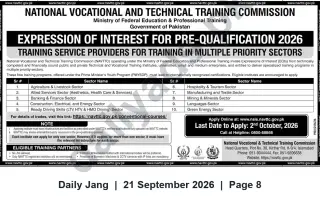 Newspaper clipping: NAVTTC Expression of Interest 2026 – Pre-Qualification for Training Service Providers, Jang, 21 Sep 2026